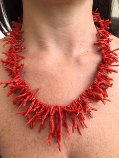 "Red Coral fringed Necklaces mounted on silver 925 . -Given the authenticity of the product, both the shape and the workmanship may vary, making each piece of jewelry unique. A richly fringed necklace of Mediterranean coral in a magnificent colour. Red coral is connected to the first chakra, the root chakra stimulates vital energy and vitality. It eliminates energy imbalances due to negative moods, opens the heart with the power of love and is considered a stone of sensuality and affection.  Coral is a colony of living microorganisms in a calcareous formation that grows in the form of a small tree at depths of 50 to 150 metres Coral has fascinated mankind since ancient times and its origin has been a source of speculation among early naturalists for centuries. Many people believed that cor Coral Necklace Outfit, Red Gemstone Necklace, First Chakra, Ocean Ecosystem, Red Coral Necklace, Necklace Outfit, Power Of Love, Red Necklace, Fringe Necklace