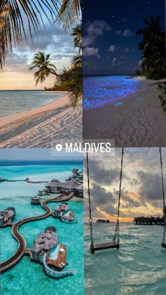 four different pictures with the words maldives written in white and blue on them