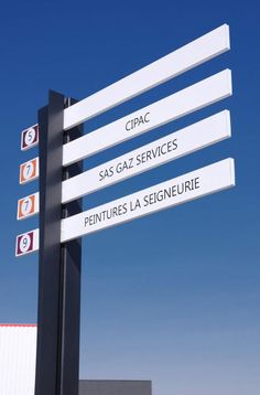 a street sign in front of a building with several signs pointing to different locations on it