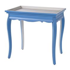 a blue and white table with drawers on it