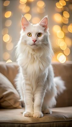 a white cat sitting on top of a couch