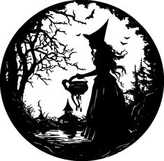 a black and white image of a witch holding a caulder