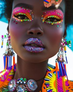 Fun Eye Makeup Ideas, Rainbow Eye Makeup, Rave Babe, Rave Hair, Glitter Jewelry, Carnival Makeup, Music Festival Fashion