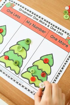 a child's hand is pressing buttons on a christmas tree activity sheet with the words one less, one more