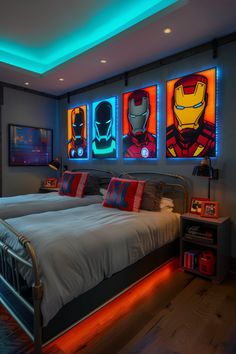 Iron Man Themed Bedroom with Illuminated Art Boys Bed Rooms, Junior Boys Bedroom Ideas, Power Ranger Bedroom Ideas, Kids Boys Room Ideas, Marvel Inspired Bedroom, Boys Beds Ideas, Super Hero Bedroom Ideas For Boys, Captain America Room Ideas Boy Bedrooms, Boys Toddler Room Ideas