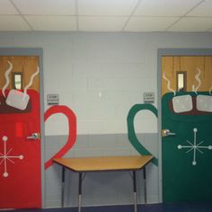 three doors with different designs on them in an office building, one has a table and the other is a bench