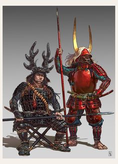 two men dressed in armor with horns and holding swords, one is sitting on a chair