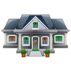 a gray house with green shutters and two potted plants on the front porch