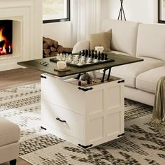 a living room filled with furniture and a chess board on top of a coffee table