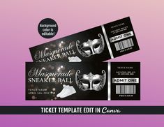 two ticket templates for a masquerade and sneaker ball event on purple background