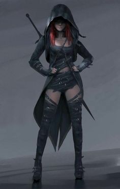 a woman dressed in black with red hair and holding two swords, standing on a gray background