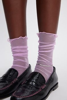 Simple and subtle, these dainty tulle socks add a sweet sheer detail to your favorite shoes. **Fit:** Crew length; S/P fits shoe sizes 5-7 US, M/L fits shoe sizes 8-10 US **Features:** Mesh fabrication, seamed toe, subtle ruffle trim **Why We | Tulle Crew Socks by Only Hearts at Free People in Pink, Size: S-M/P-M Sheer Socks And Heels, Slides With Socks Outfit, Bridal Socks, Junk Socks, Tulle Socks, Socks Style, Wide Leg Jeans Cropped, Chelsea Boots Mens, Orange Fits