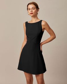 The Black Boat Neck High Waisted Mini Dress - Boat Neck Sleeveless A Line Backless Mini Dress - Black - Dresses | RIHOAS Sleek Black A-line Sleeveless Dress, Sleeveless Sleek Mini Dress In Elastane, Sleeveless Sleek Elastane Mini Dress, Sleek Sleeveless Elastane Mini Dress, Stretch Solid Lined Dress, Sleek Fitted Sleeveless Dress For Summer, Sleeveless Sleek Mini Dress With Fitted Bodice, Sleek Sleeveless Mini Dress With Fitted Bodice, Stretch Dress With Back Zipper