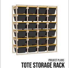 the storage rack is made out of wood and has black plastic bins