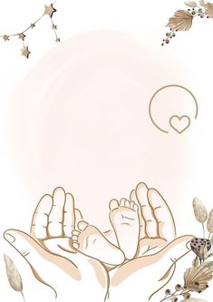 two hands holding a baby's foot in front of a pink background with stars