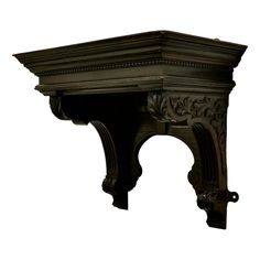 an old wooden shelf with carvings on the top and bottom, isolated against a white background