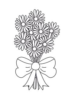 a bouquet of daisies with a bow on the end is outlined in black and white