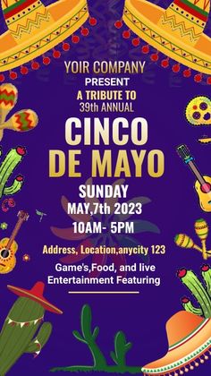 an event poster for cinco de mayo with mexican hats and cactuses on it