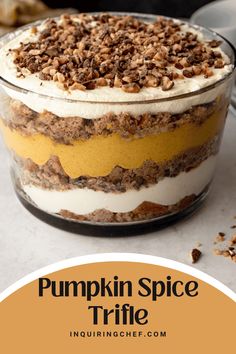 pumpkin spice trifle in a glass dish with the title text overlay reads pumpkin spice trifle