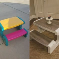 two photos side by side one has a bench and the other has a cupcake on it