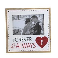 a wedding photo frame with a red heart and the words forever & always on it