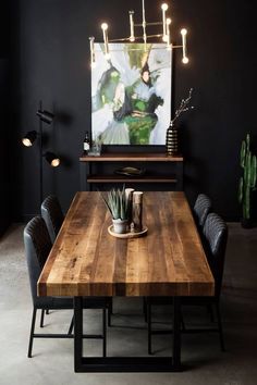 a dining room table with chairs and a large painting on the wall behind it,