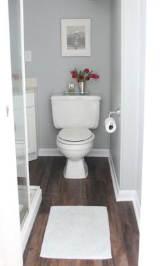 a white toilet sitting inside of a bathroom next to a wooden floor and shower stall