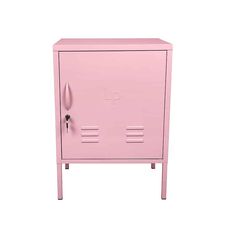 a pink metal locker with the door open and handle on it's side, against a white background