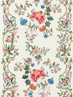 a white wallpaper with colorful flowers and vines on the side, all in different colors