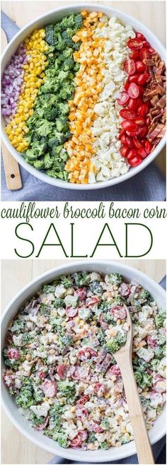 an image of a salad in a bowl with the words, rainbows broccoli bacon casserole salad