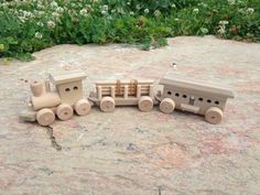 a wooden toy train set sitting on top of a stone floor next to green plants