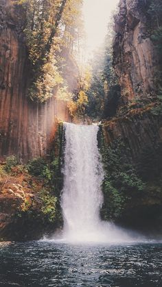 a waterfall is surrounded by trees and rocks