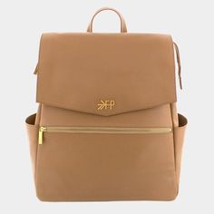 a tan backpack with gold zippers on the front and side, it has an open pocket