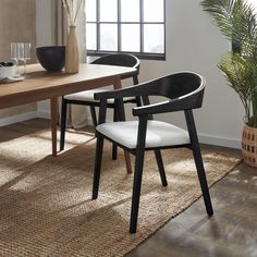 a dining room table with two chairs and a potted plant on the floor next to it