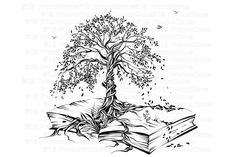 an open book with a tree growing out of it and birds flying around the pages