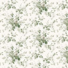 a white and green floral wallpaper with lots of flowers on the top of it