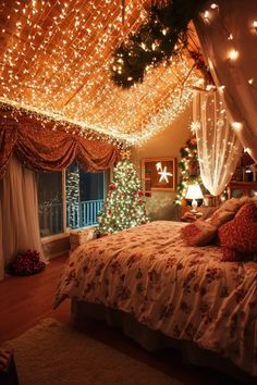 a bedroom decorated for christmas with lights on the ceiling