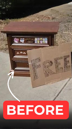 an old radio sitting on top of a sidewalk next to a sign that says free