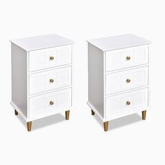 two white nightstands side by side against a white background, one with gold handles