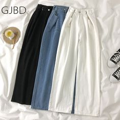 Women's High Waist Trouser Baggy Fashion Wide Leg Straight Solid Mom Denim Pants Size Table Is In The Pictures! Please allow 1-3mm error due to a manual measurement! Shipping takes from 10 to 29 business days! Returns are welcomed for 30 days after receiving an Your order! Thank You for visiting! Baggy Korean Fashion, Celana Jogger Wanita, Girls Jeans Fashion, Baggy Fashion, Outfits Mit Shorts, Denim Decor, Mom Denim, Jeans Wide, Vintage Streetwear