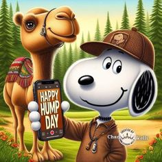 a happy hump day card with a cartoon character holding a cell phone in front of a camel