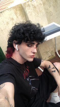 Grunge Curly Hairstyles Men, Mens Goth Hair, Long Hair Goth Guy, Alt Men Hairstyles, Curly Punk Hair Men, Elven Hair Styles, Dyed Male Hair, Longer Curly Hair Men, Curly Alt Mullet