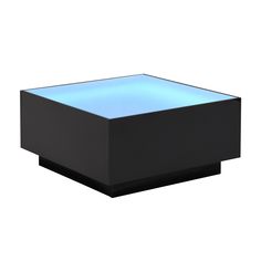 a black box with a blue light in the top and bottom part is shown on a white background