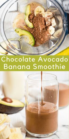 chocolate avocado banana smoothie is being poured into a glass with cocoa and bananas