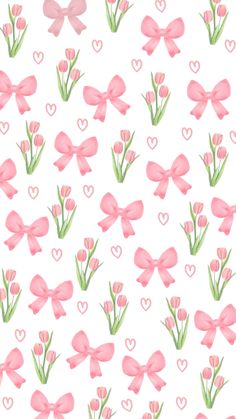 pink flowers with hearts and bows on a white background seamless wallpaper pattern photo