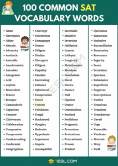 the ten common sat words in english and spanish are shown with an image of children's faces