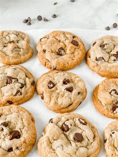 chocolate chip cookies arranged in a row on top of a piece of white parchment paper