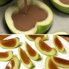 an image of caramel apples being sliced and put in the oven with chocolate sauce