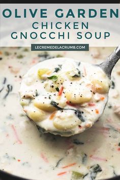 a spoon full of chicken gnocchini soup with text overlay that reads, olive garden chicken gnocchini soup