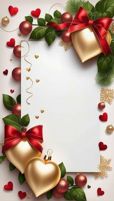 christmas greeting card with two hearts, holly leaves and red bows on white background - free vector